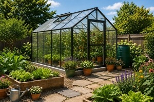 Greenhouse surrounded by a productive home garden