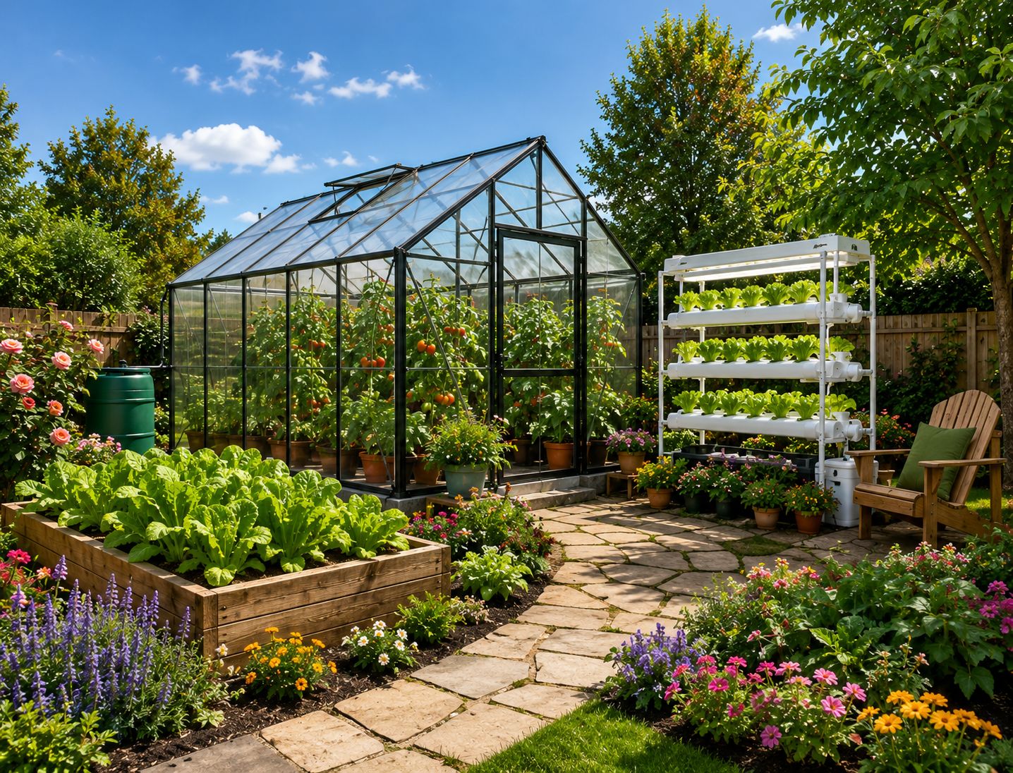 Greenhouse, hydroponic growing system and vegetable garden