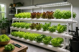 Indoor hydroponic growing system with lettuce and herbs